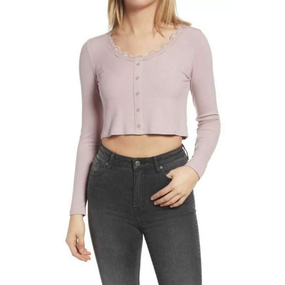 BP Women's Lace‎ Trim Ribbed Button Front Cropped Top Pink Smoke Medium $29